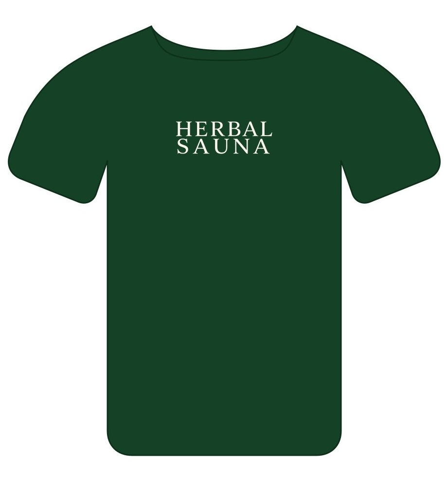Herbal Sauna T-shirt – Mørkegrøn med logoer