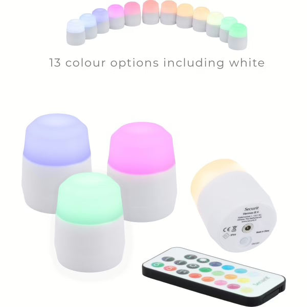 4 x LED Securit® Amsterdam RGB – Genopladelige Fyrfadslys + fjernbetjening (reserve kit)